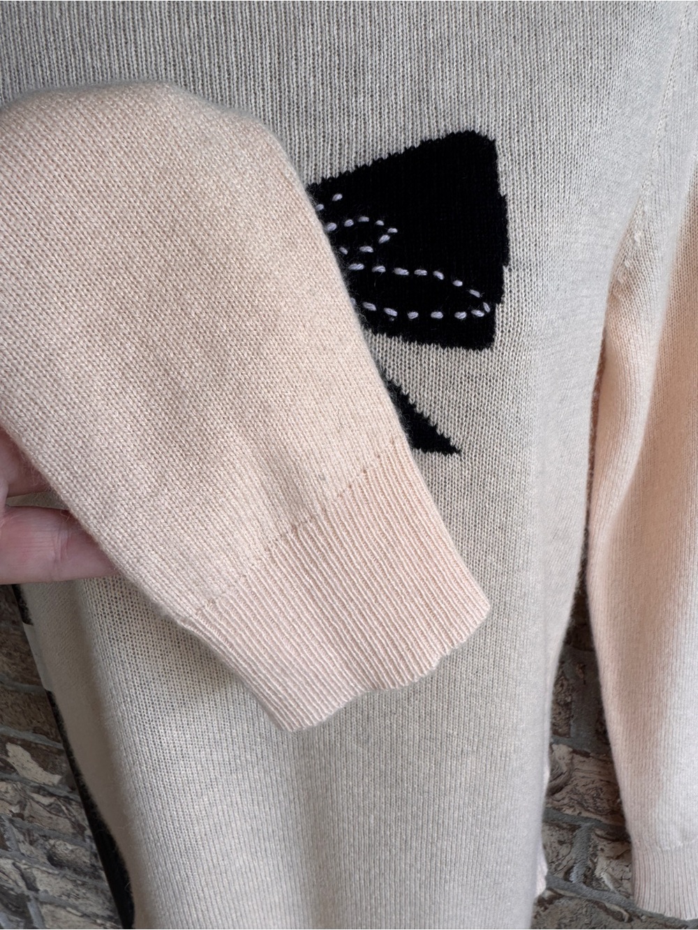 Halogen Wool Cashmere Blend Bow Intarsia Sweater Blush Pink Black Size SP - Picture 4 of 11